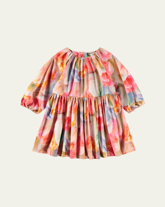 Girl's Ciera Long-Sleeve Gathered Floral Cotton Dress, Size 3T-6